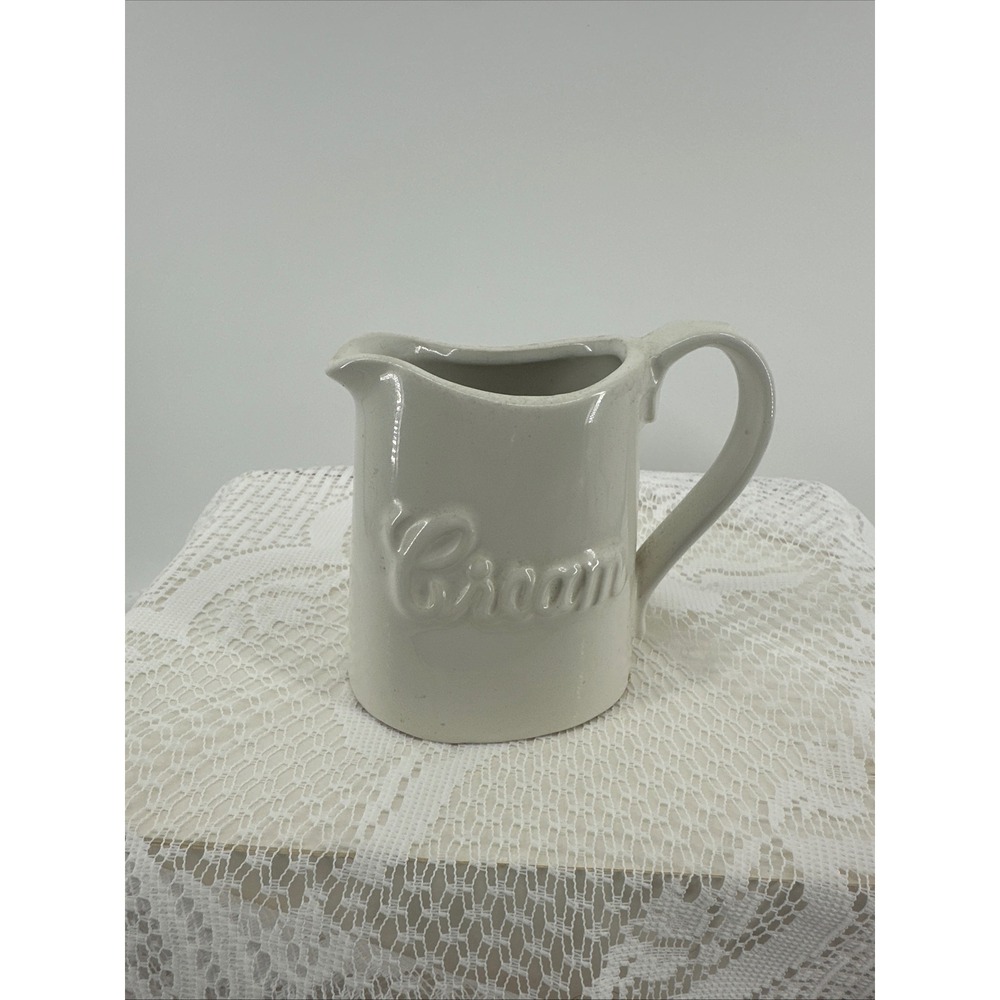Vintage Creamer Pitcher White Good Embossed Script Ceramic Farmhouse Jug Rustic